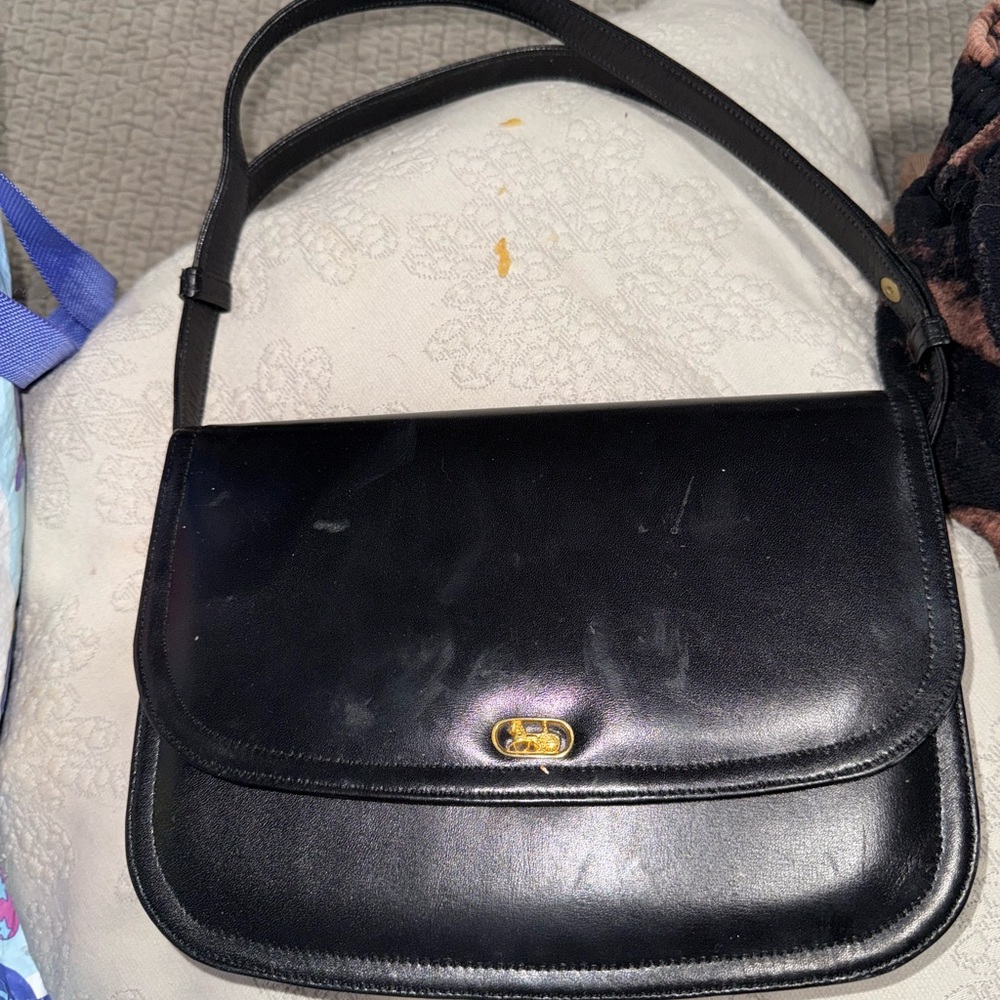 Black Leather Shoulder Bag with Gold-Toned Clasp